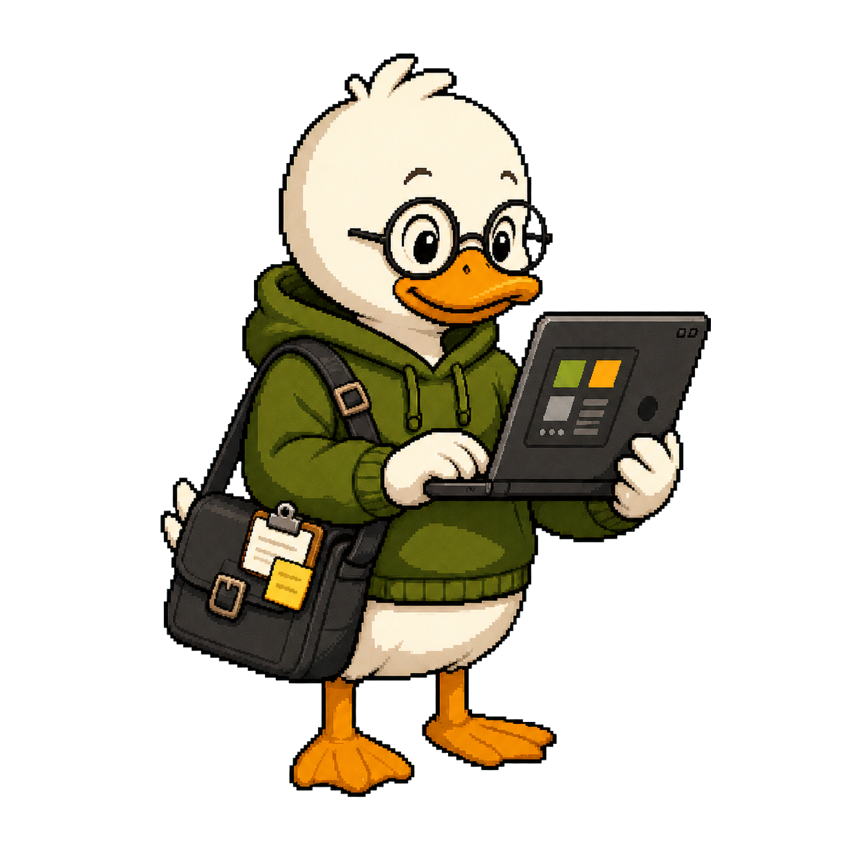 The Press Hotkeys duck confidently working on a Mac