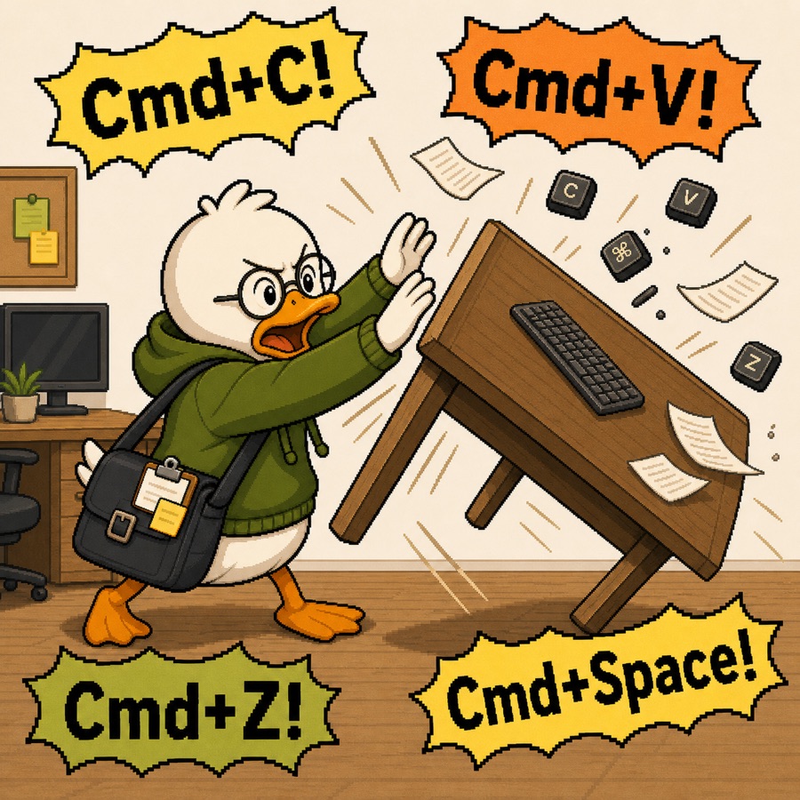 A duck getting frustrated when familiar shortcuts behave differently on Mac