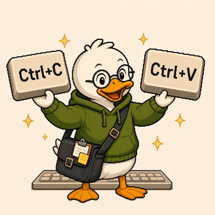 A duck holding Ctrl+C and Ctrl+V shortcut cards
