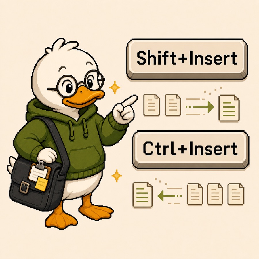 A duck holding Shift+Insert and Ctrl+Insert cards