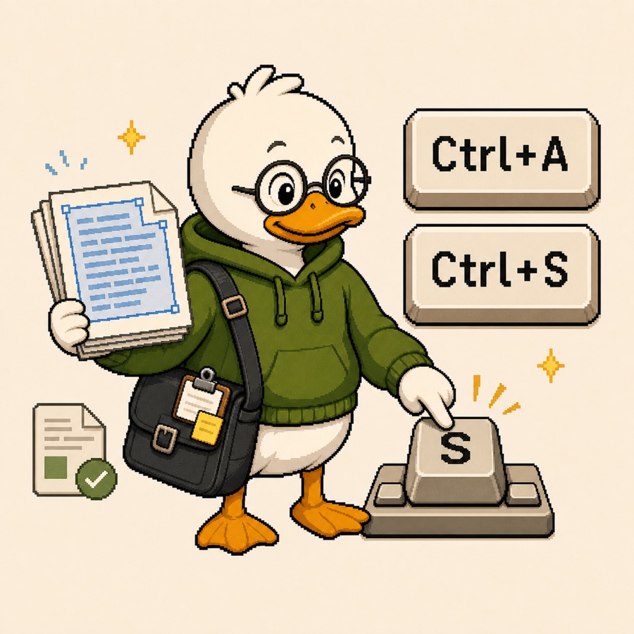 A duck showing Ctrl+A and Ctrl+S shortcuts