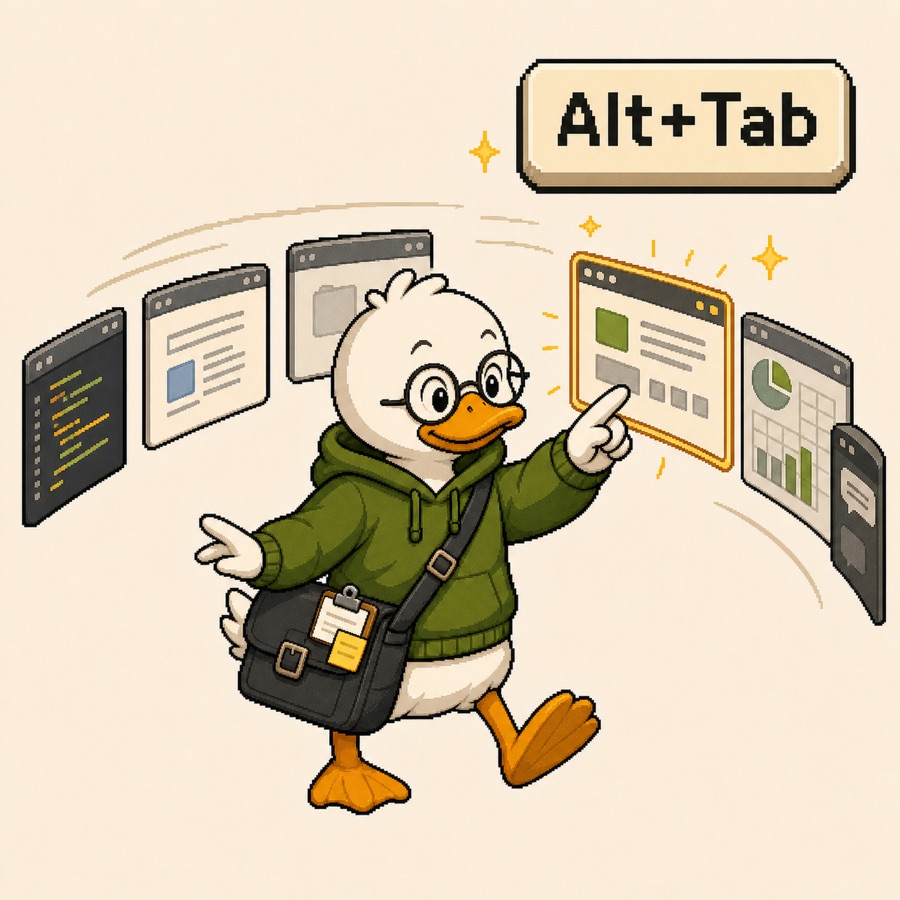 A duck arranging work windows neatly