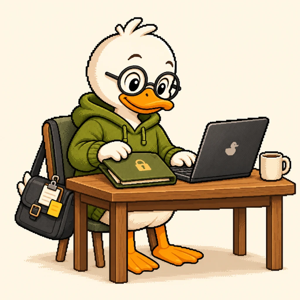 Quackoslav closes a folder marked with a lock beside his laptop