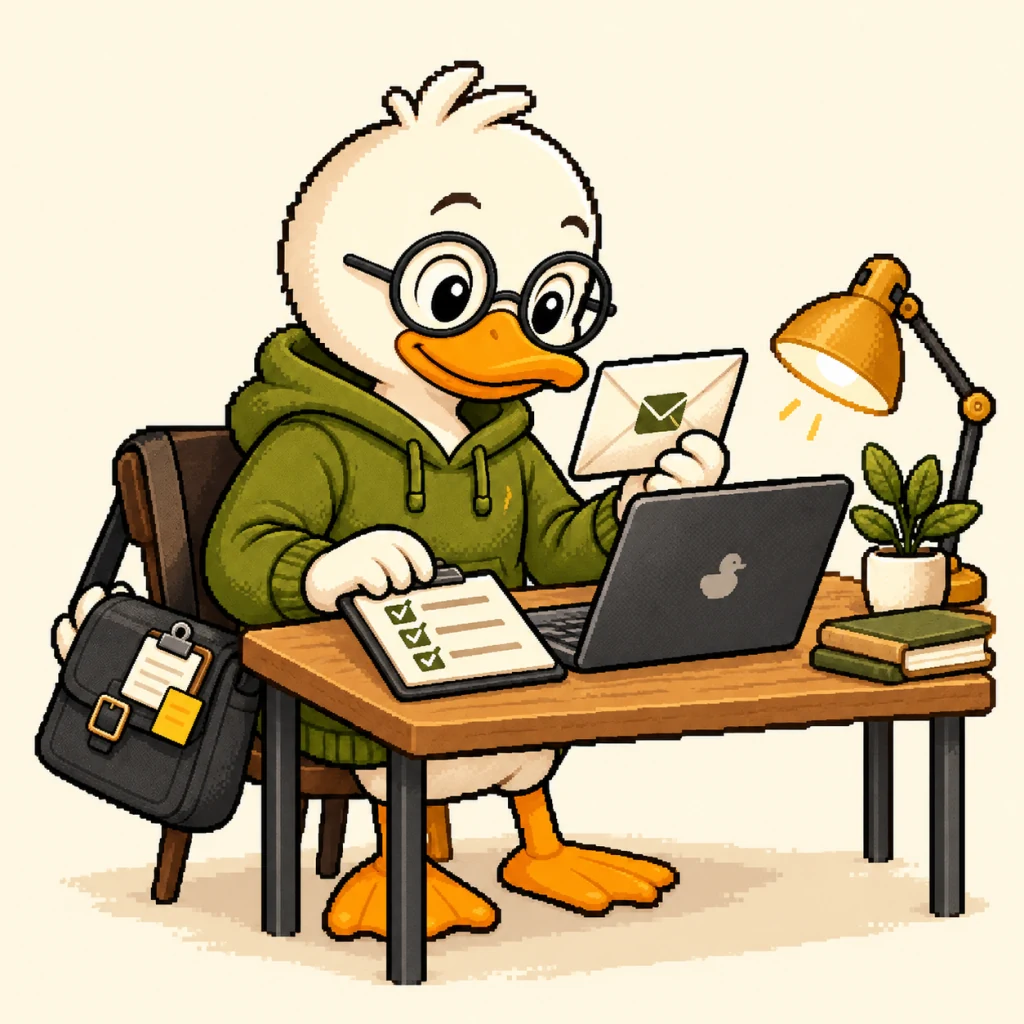 Quackoslav reviews an email and checks a list of steps